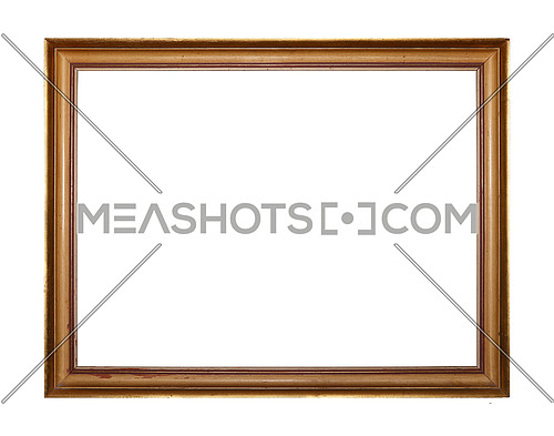 Simple vintage old wooden classic golden painted horizontal rectangular frame for picture or photo, isolated on white background, close up