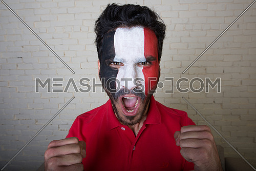 football fan face painted in Egyptian Flag colors