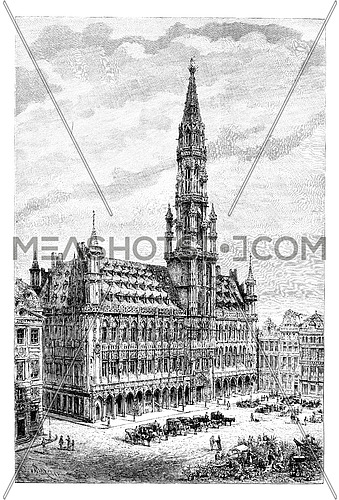 Brussels Town Hall in Brussels, Belgium, drawing by Barclay based on a photograph by Levy, vintage illustration. Le Tour du Monde, Travel Journal, 1881