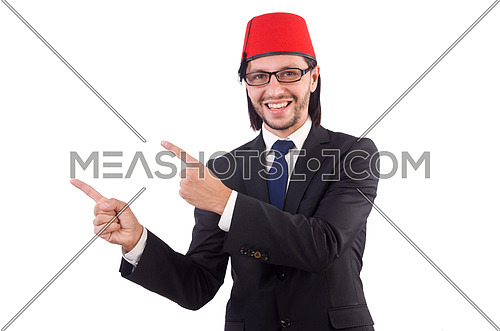 Businessman wearing fez hat isolated on white