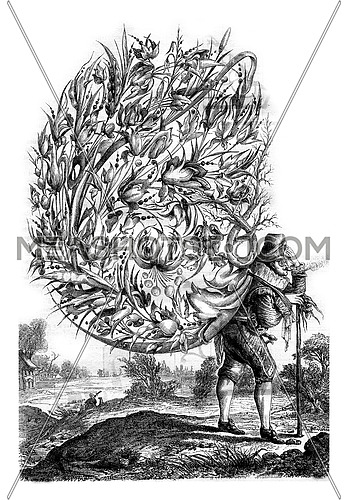 The dreamer Spanish, engraving attributed to Abraham Bosse, vintage engraved illustration. Magasin Pittoresque 1880.