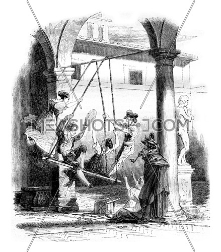 Canofiena game in Italy, vintage engraved illustration. Magasin Pittoresque 1842.
