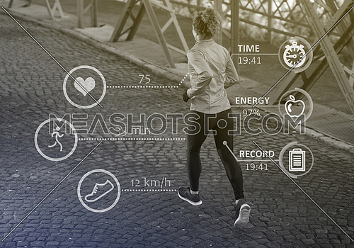 Woman running across the bridge with statistics in background