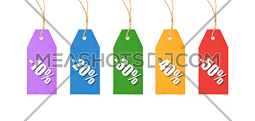 Set of colorful multicolor paper label tags with shopping discounts hanging on twine strings isolated on white background