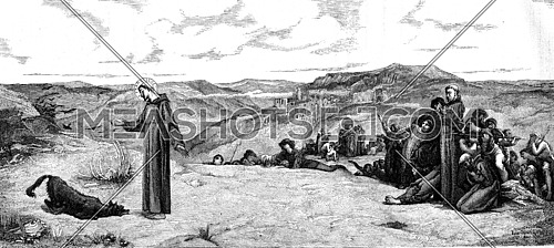 Saint Francis of Assisi and the wolf Gubbio, vintage engraved illustration. Magasin Pittoresque 1878.