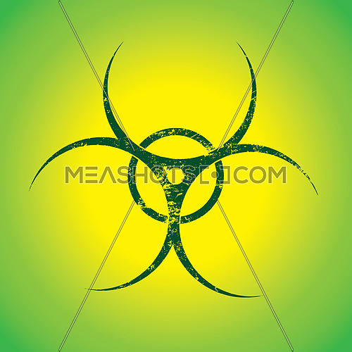 Vector illustration of grunge green biohazard warning sign painted over yellow background with copy space