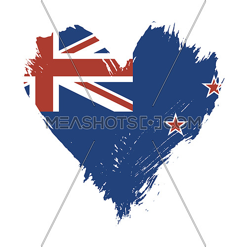 Grunge brushstroke painted illustration of heart shaped distressed New Zealand flag isolated on white background