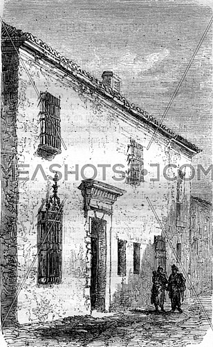 House or Michel Cervantes was imprisoned in Argamasilla de Alba, vintage engraved illustration. Magasin Pittoresque 1870.