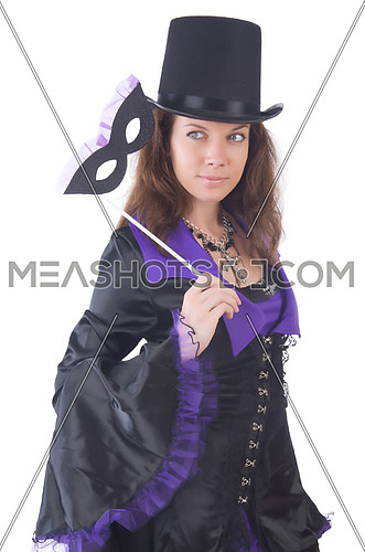 Girl in violet and black dress holding mask isolated on white