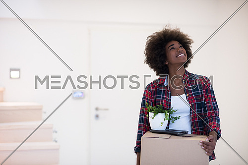 Beautiful African  American girl moving in the new apartment