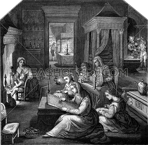 Morning, Engraving of the sixteenth century, according to the Stradan painter, vintage engraved illustration. Magasin Pittoresque 1847.