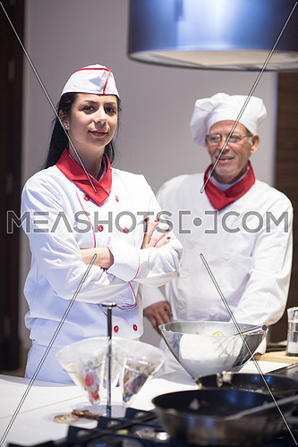 portrait of an elderly middle east chefs and young cooks in the kitchen