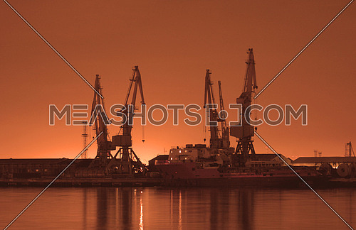 Baku port at night at sunrise
