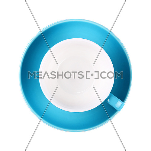 One blue empty coffee or tea cup with saucer isolated on white background, elevated top view, directly above