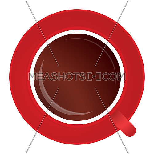 Vector illustration of full cup of black tea or coffee on red porcelain saucer isolated on white background, elevated top view, directly above