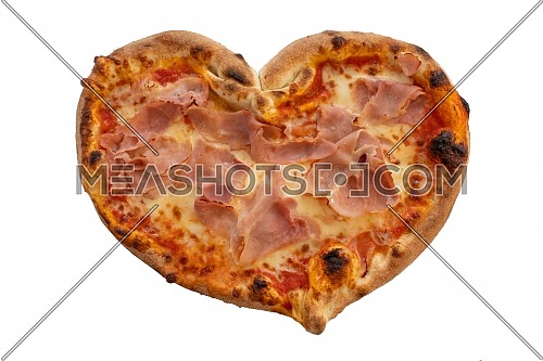 Heart shaped pizza with tomatoes and ham for Valentines Day isolated on white background,Food concept of romantic love