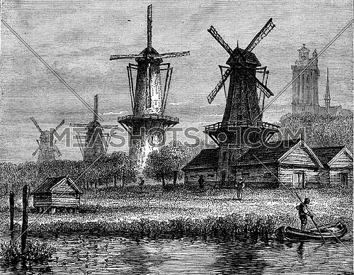 Windmills in Dordrecht, Holland, vintage engraved illustration. Magasin Pittoresque 1877.