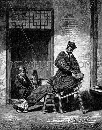In Cochin. The barber and his client, vintage engraved illustration. Journal des Voyage, Travel Journal, (1880-81).
