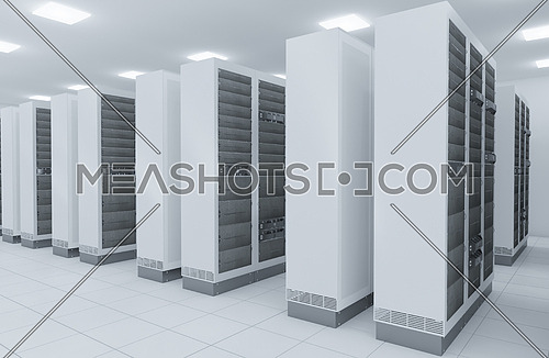 computer network server room 3d render representing internet and  hosting company  and data center concept