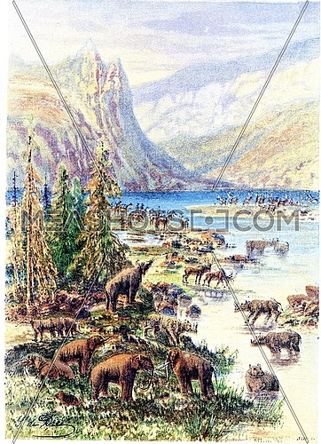 Landscape of Europe Tertiary age, vintage engraved illustration. Earth before man â 1886.