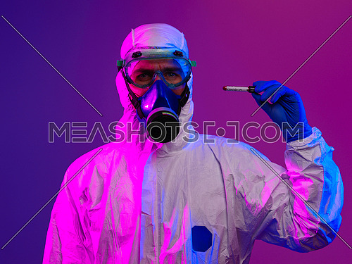 Coronavirus, Doctor holding positive covid-19 virus Blood Sample tube. Wearing biohazard epidemic Protective mask, suit and glows.