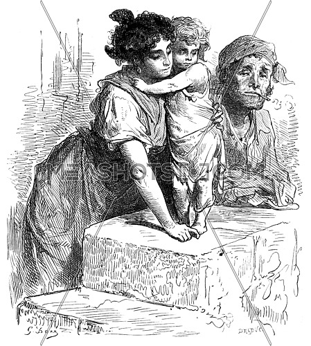 Residents of the suburb of La Macarena in Seville. vintage engraved illustration. Le Tour du Monde, Travel Journal, (1865).