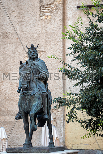 Sculpture of King Alfonso VIII in the Old Town of the city, work of the artist of Cuenca Javier Barrios, Cuenca, Spain