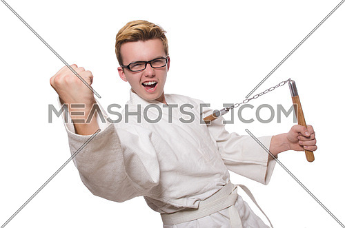 Funny karate fighter with nunchucks on white