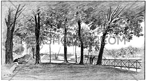 The Seine to the left bank upstream from the bridge of Solferino, vintage engraved illustration. Paris - Auguste VITU â 1890.