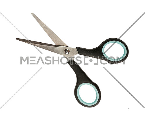 Close up of small modern office stationery metal open scissors with black and blue plastic handle isolated on white background