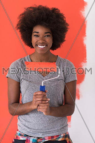 portrait of a young beautiful African American woman painting wall in her new apartment