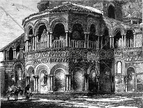 Exterior of the apse of San Donato, in the island of Murano, vintage engraved illustration. Magasin Pittoresque 1880.