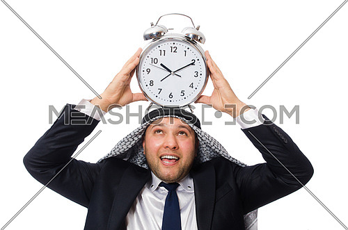 Arab man with clock isolated on white