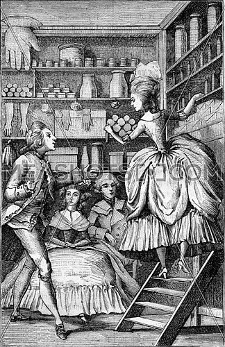 Glover perfumer or the eighteenth century, vintage engraved illustration. Magasin Pittoresque 1882.