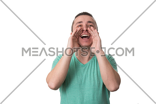 Portrait Of A Young Man Screaming Out Loud Isolated On White Background