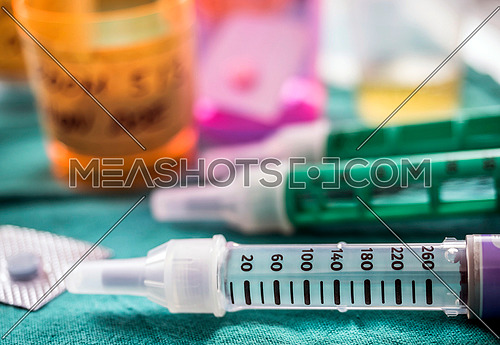 Several Injectors of insulin, conceptual image, composition horizontal