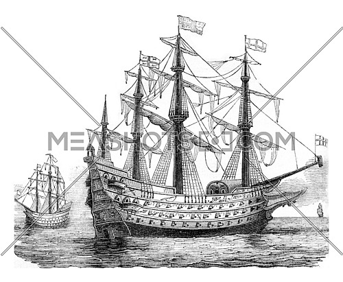 The Sovereign of the Seas, English vessel, 1650, vintage engraved illustration. Colorful History of England, 1837.