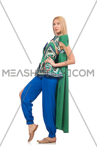 Woman in oriental green clothing isolated on white