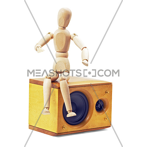 wood mannequin sitting on a speaker isolated on white background