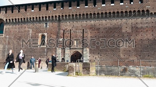 Milan,Italy-april 13,2021:Wonderful panoramic of old medieval Sforza castle,sunny day and clouds, Milan,Italy.