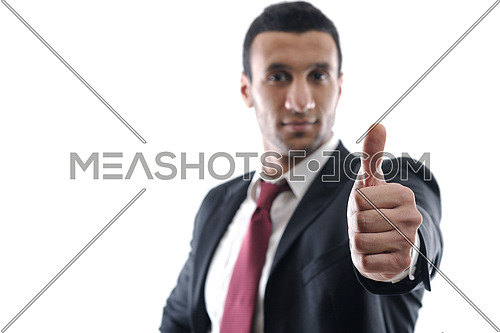 Businessmen making his thumb up saying OK sign symbol  isolated on white background in studio