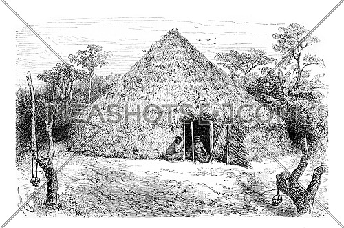 Dwellings of the Orejone Indians in Amazonas, Brazil, drawing by Riou from a photograph, vintage engraved illustration. Le Tour du Monde, Travel Journal, 1881