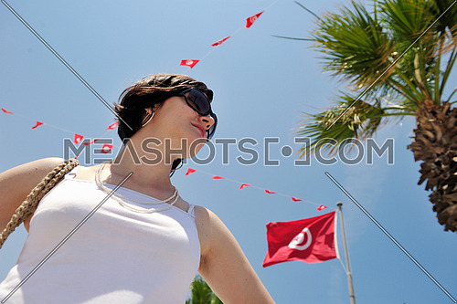 happy young woman tourist  tunis travel on road trip