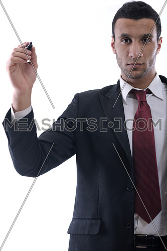 business man draw with marker on empty copy space isolated on white in studio