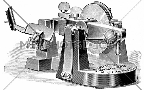 Microtome antique machine, vintage engraved illustration.