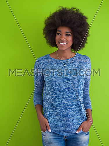 portrait of a beautiful friendly African American woman with a curly afro hairstyle and lovely smile isolated on a Green background