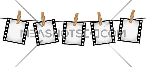 Vector illustration of five empty blank photo 35 mm film slides hanging on a rope with wooden clothespins over white background