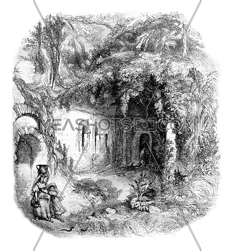 The Grotto of Egeria near Rome, vintage engraved illustration. Magasin Pittoresque 1861.
