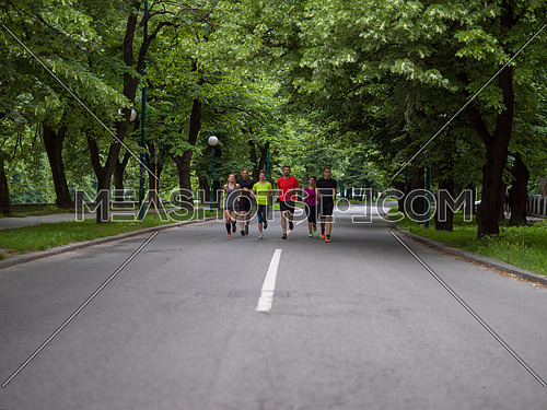 group of healthy people jogging in city park, runners team on morning training