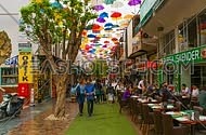 timelaps in a shopping district in antalya, turkey showing a street covered in umbrellas